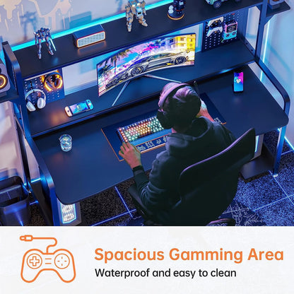 SEDETA Gaming Desk, 55" Computer Desk with Hutch and Shelves, LED Lights, Pegboard and Monitor Shelf, Large PC Gamer Desk Workstation for Home Office, Gaming Table for Bedroom, Black