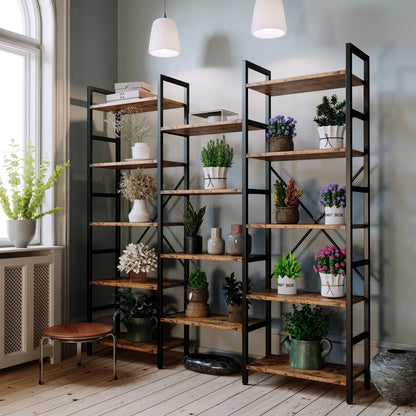 IRONCK Triple Wide 5 Tiers Industrial Bookcases and Bookshelves, Large Open Display Shelves with Metal Frame for Living Room Bedroom Home Office, Vintage Brown