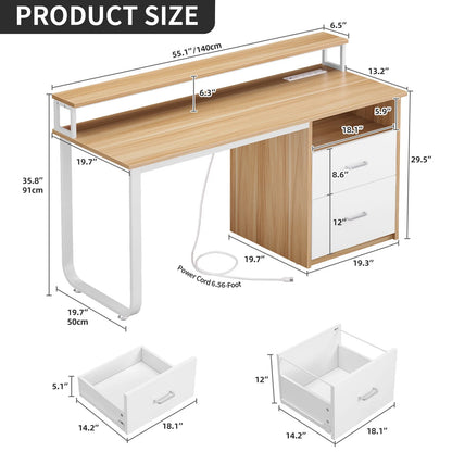 TDUKDB 47/55 Inch Home Office LED Computer Desk with File Drawer and Power Outlets. Ideal for Home Office Study Stable Design, Stylish Simple-inch-Brown White
