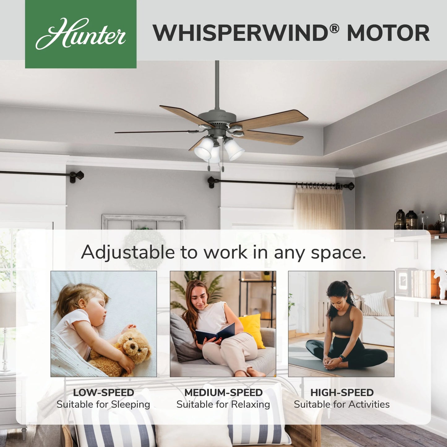 Hunter - Swanson Indoor Ceiling Fan With Light, 52-inch, Matte Silver, Casual-style, 3-speed WhisperWind Motor, 50894, for living rooms, bedrooms, home offices, kitchens