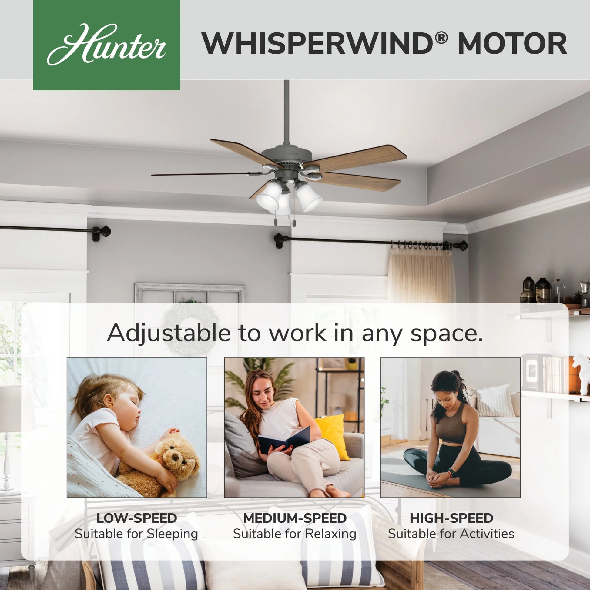 Hunter - Swanson Indoor Ceiling Fan With Light, 52-inch, Matte Silver, Casual-style, 3-speed WhisperWind Motor, 50894, for living rooms, bedrooms, home offices, kitchens