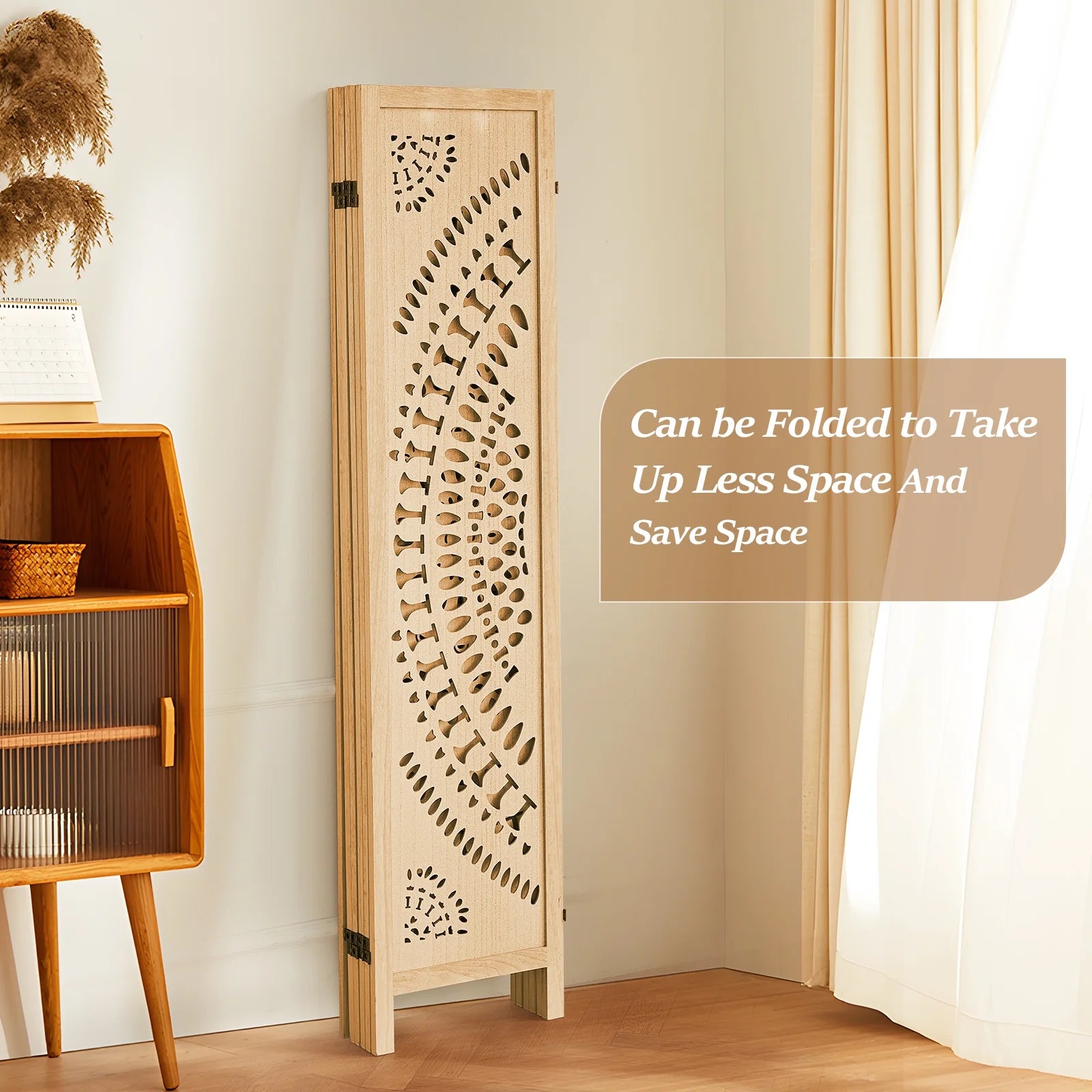 Aletheiawu 6 Panel Wood Carved Room Dividers, Folding Screens, No Installation Required, Light Brown