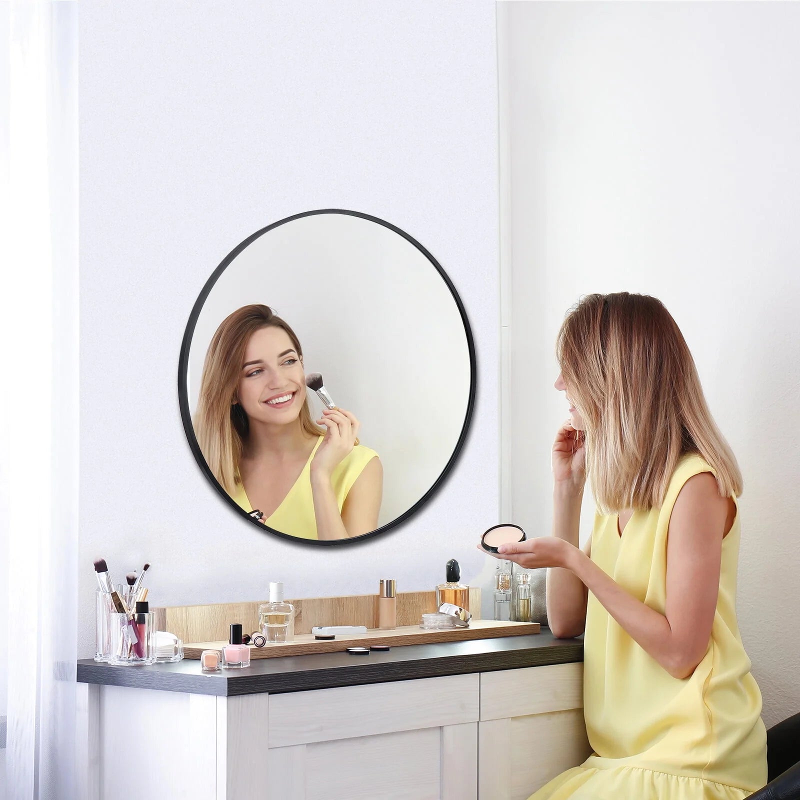 SuperDeal 24 inch Diameter Round Wall Mirror HD Explosion-Proof Black Aluminum Alloy Frame