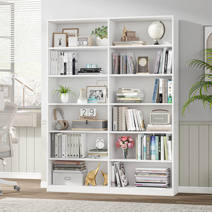 Homfa 74.3° Double Wide 6-Tier Bookcase, Extra Large Wooden Freestanding Display Bookshelf for Home Office Living Room, White