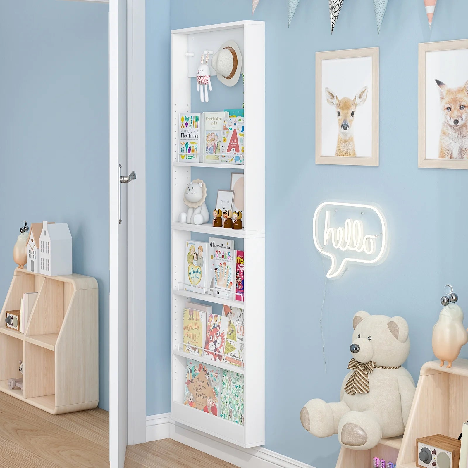 Advwin 5-Tier Wall Mounted Kids Bookshelf with Adjustable Shelves, Wooden Book Shelf Organizer, Behind Door Bookcase Display Shelf for Kids Room, Nursery, Playroom, Natural