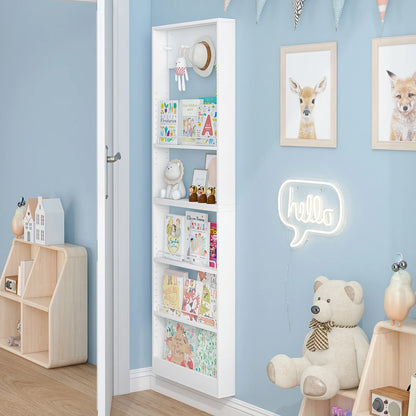 Advwin 5-Tier Wall Mounted Kids Bookshelf with Adjustable Shelves, Wooden Book Shelf Organizer, Behind Door Bookcase Display Shelf for Kids Room, Nursery, Playroom, Natural