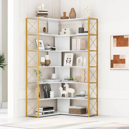 7-Tier Bookcase, L-Shaped Corner Bookcase, Tall Bookshelf with Metal Frame, Industrial Style Shelf with Open Storage, Bookshelf for Home Office Living Room and Bedroom, Gold+White
