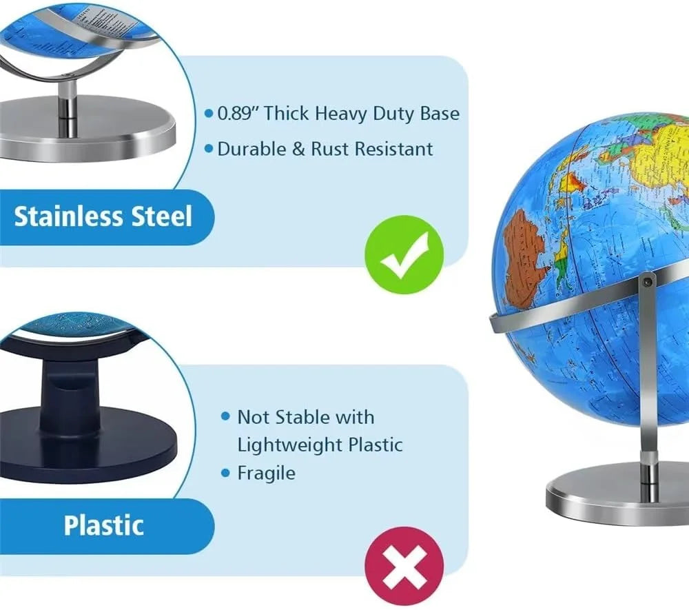 13" World Globe for Kids, Classroom Globe for Education & Decoration with Stable Heavy Metal Base, HD Waterproof Printed & Rewritable Surface
