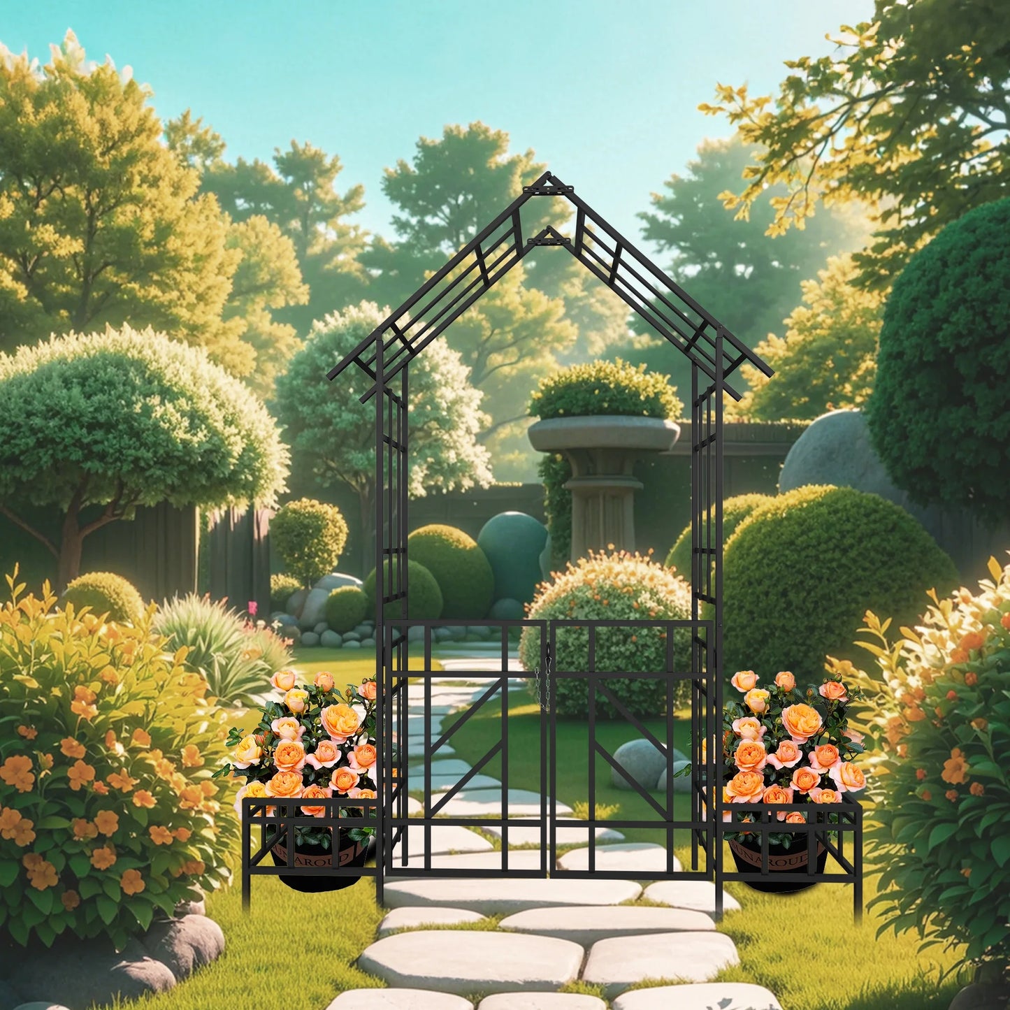 Garden Arch Metal Garden Arch with Gate with planter W80.71*H97.24 Climbing Plants Support Rose Arch Outdoor Black,Garden Trellis