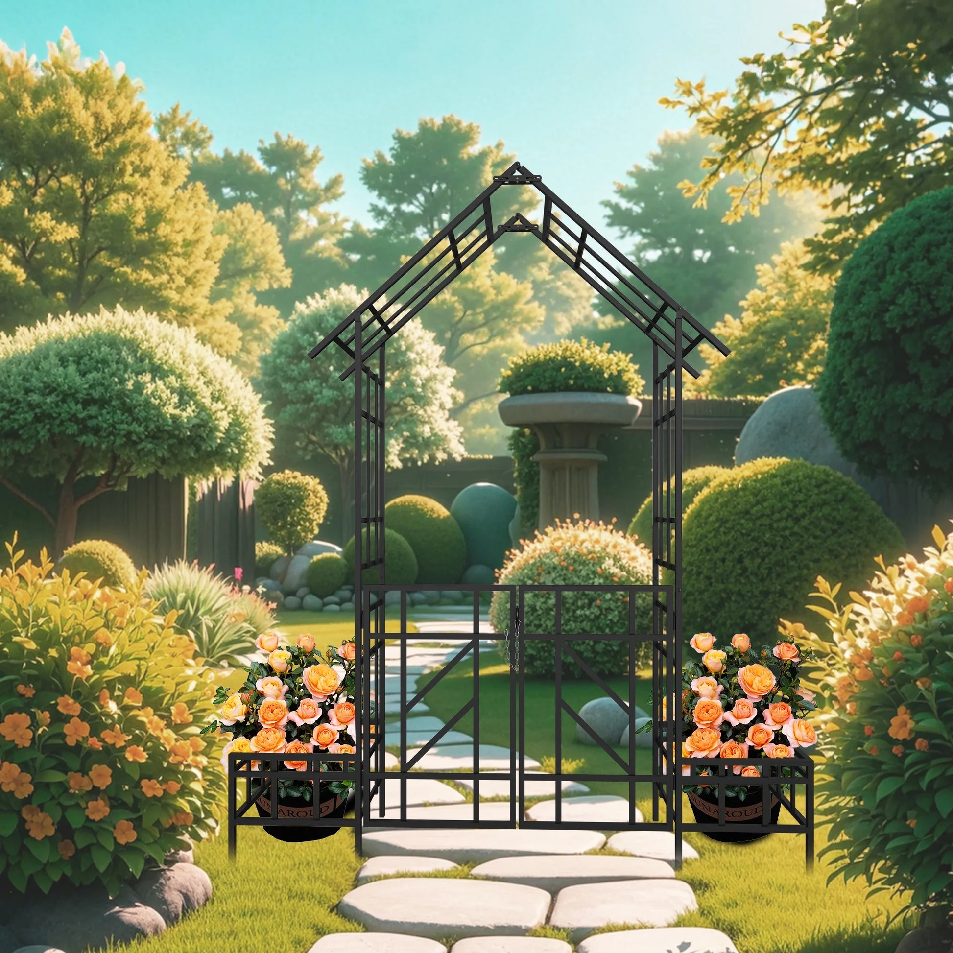 Garden Arch Metal Garden Arch with Gate with planter W80.71*H97.24 Climbing Plants Support Rose Arch Outdoor Black,Garden Trellis
