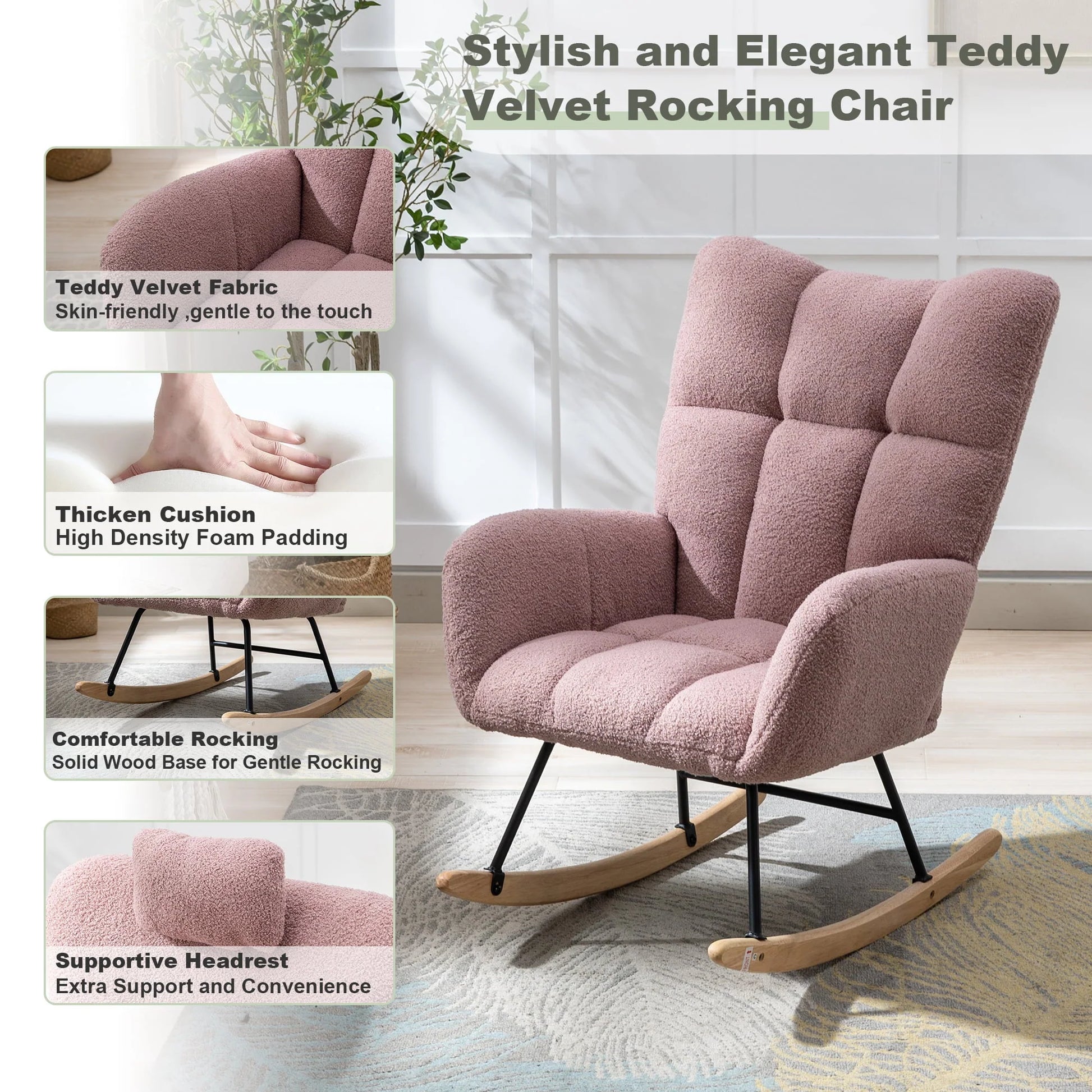 HONSIT Pink Nursery Rocking Chair, Teddy Fabric Upholstered Glider Rocker with High Backrest, Modern Rocking Accent Chairs Comfy Side Chair for Nursery, Bedroom, Living Room