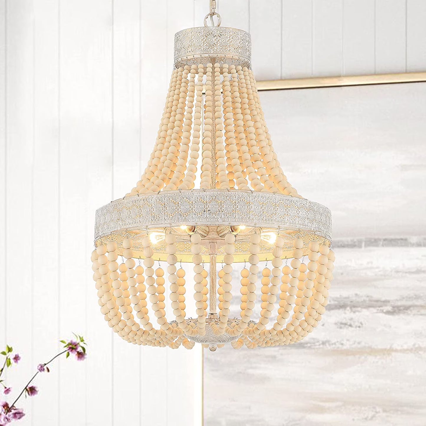 Vanity Art 5 Light Unique Empire Chandelier with Beaded Accents | Modern Hanging Lighting, Ceiling Lights Fixtures for Dining Room Living Room Bed Room Kitchen SYB5265DW-LT
