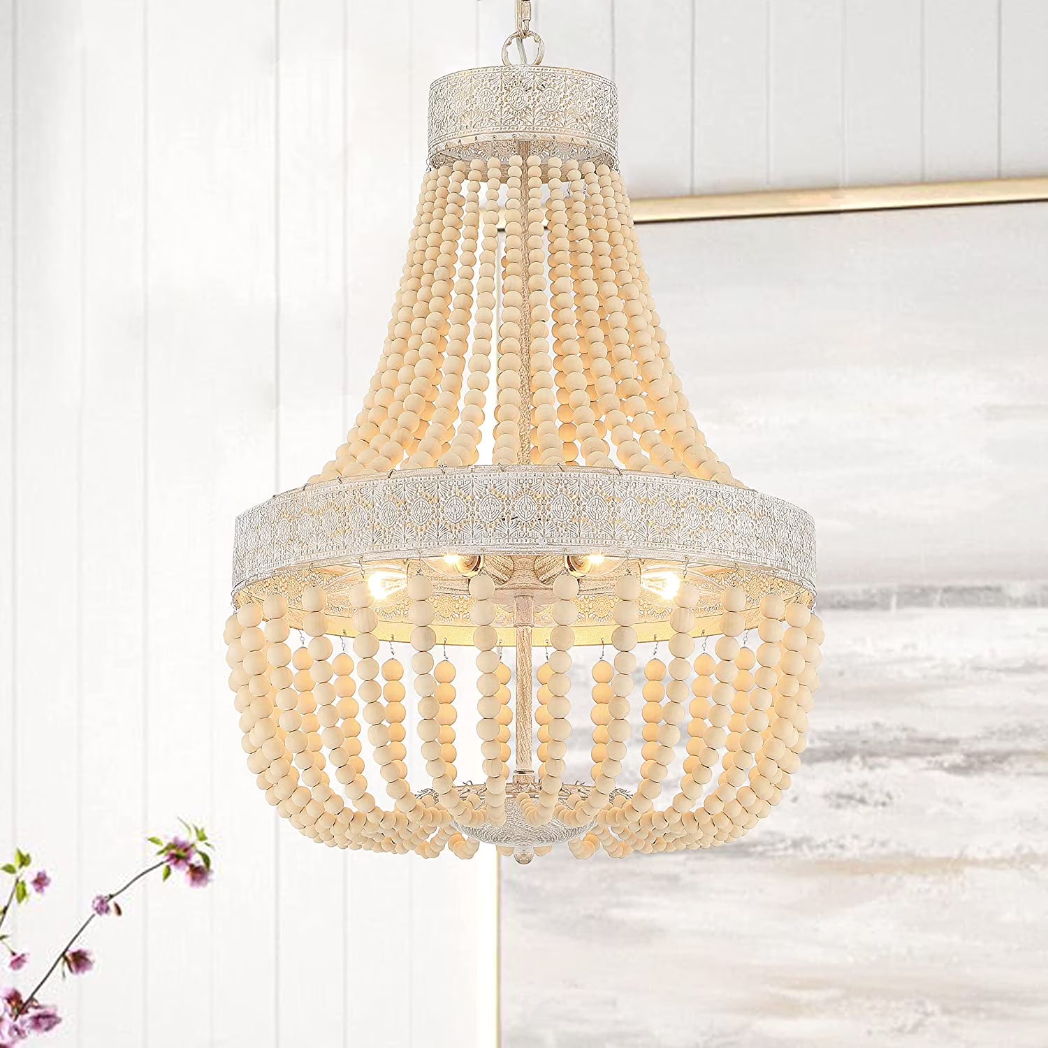Vanity Art 5 Light Unique Empire Chandelier with Beaded Accents | Modern Hanging Lighting, Ceiling Lights Fixtures for Dining Room Living Room Bed Room Kitchen SYB5265DW-LT