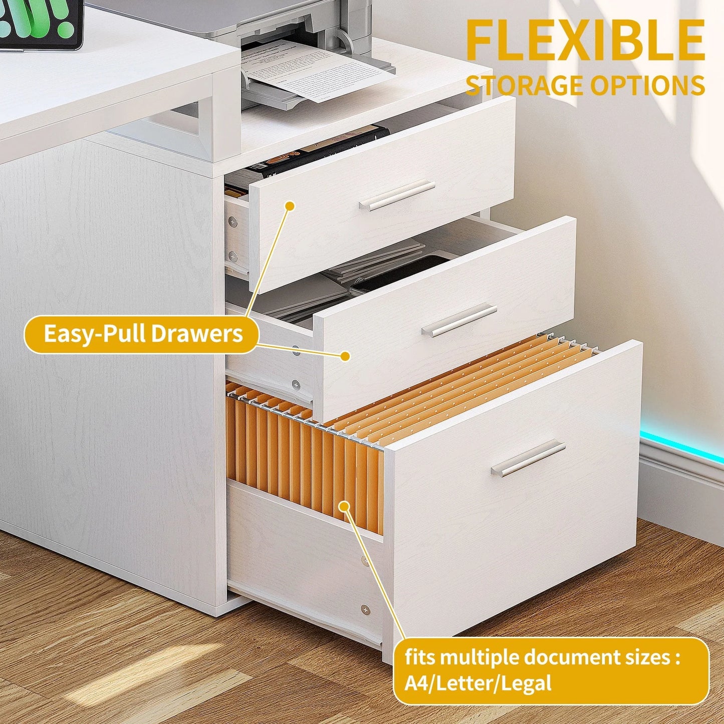 65" L Shaped Desk with Power Outlets and Monitor Stand , Computer Desk with LED Light &File Cabinet, Corner Desk with 3 Drawers & 4 Open Storage Shelves, White Modern Home Office Desk