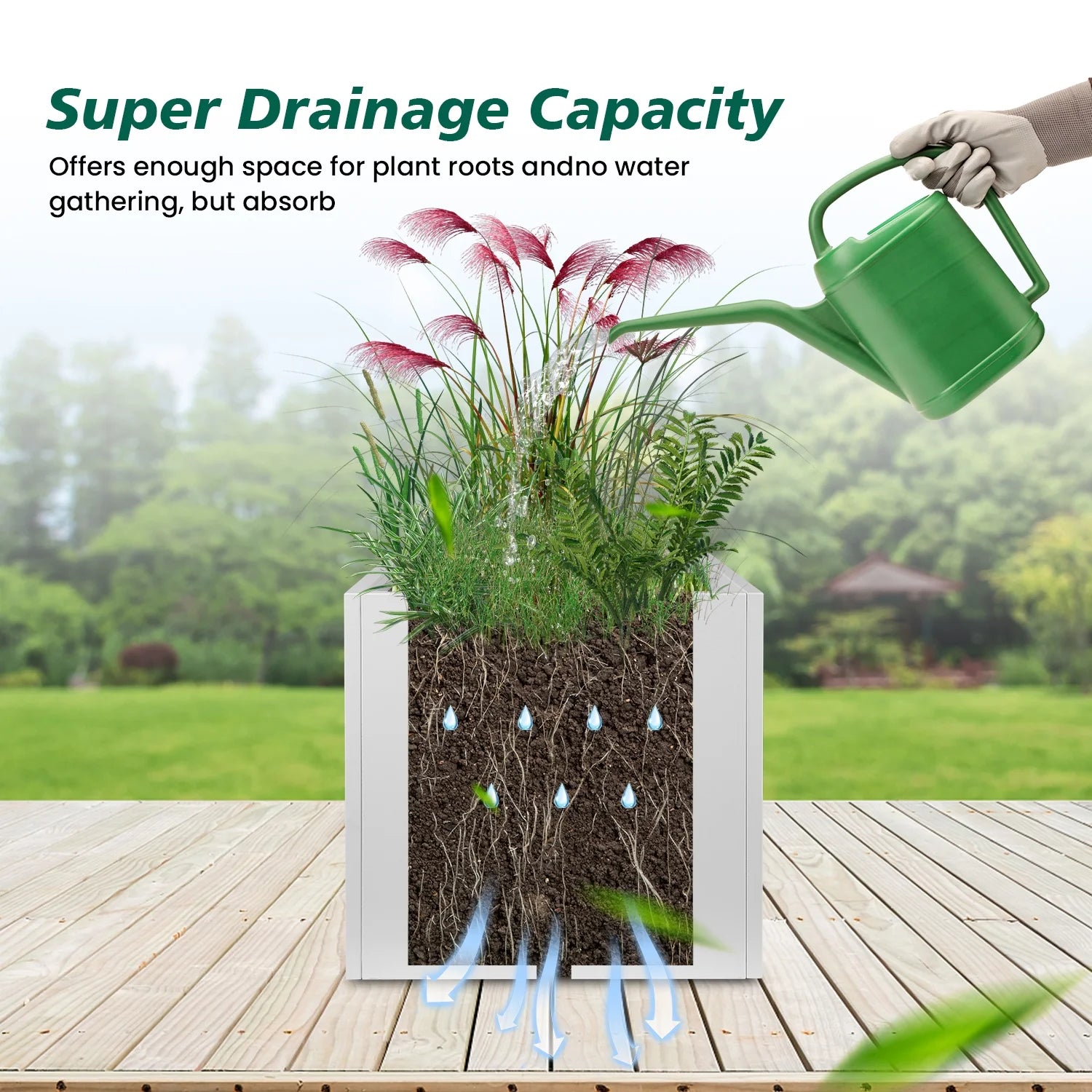 32" Square Planter Box with Drainage Holes for Outdoor Plants Garden Pot Rectangular Tall Flower Metal Steel Heavy Duty for Yard Patio Deck Hotel Front Porch Large Container Decorative, White