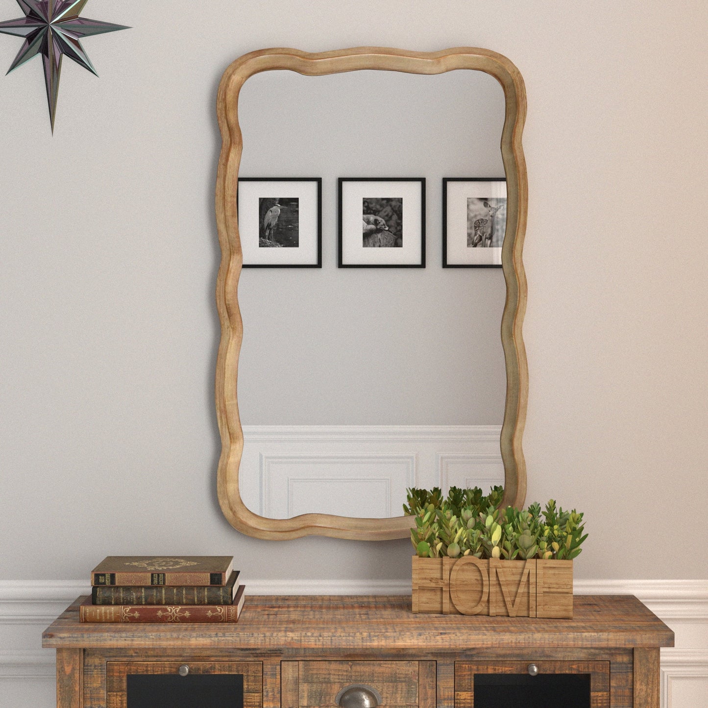 COZAYH Curved Wood Frame Accent Mirror, Farmhouse French Country Decorative Wall Mirror, Rectangle 23.5" L x 38" W, Natural