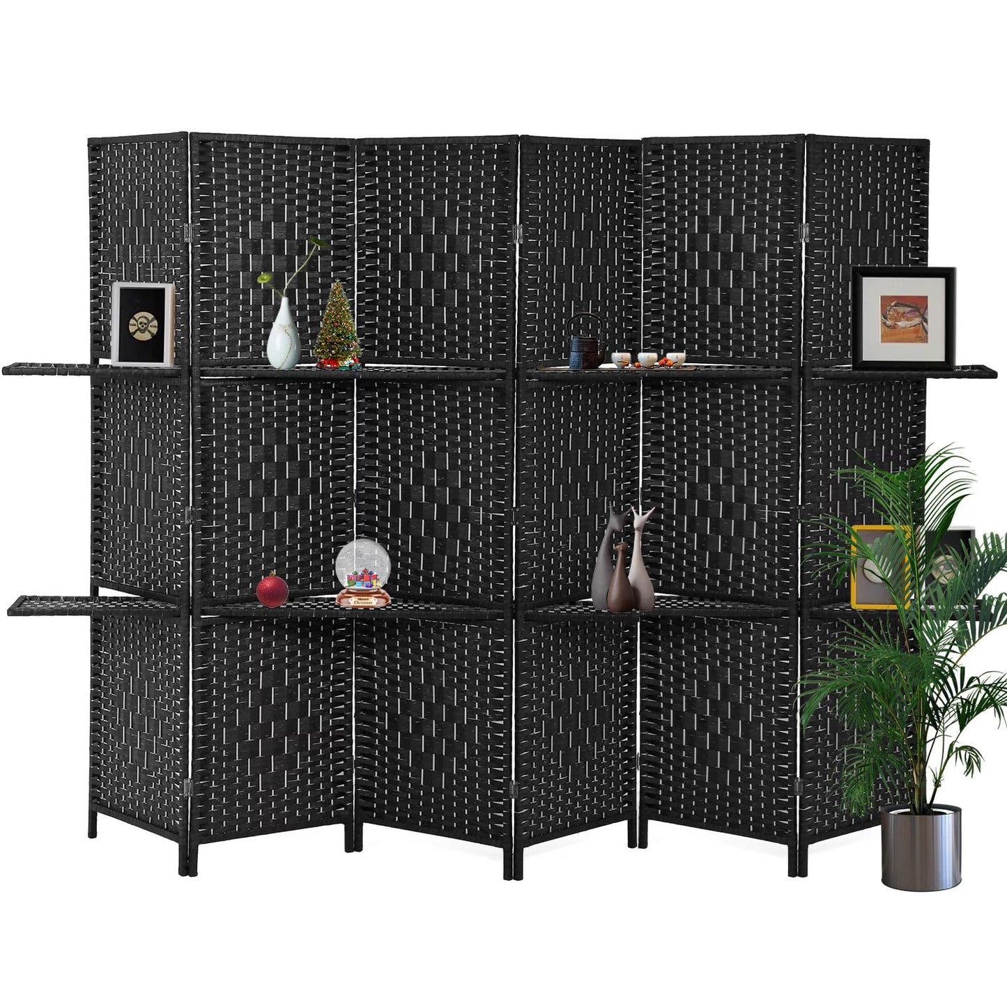 YRLLENSDAN 6 Panel Folding Room Divider with Storage Shelves, Tall Wall Partition, Freestanding Indoor Privacy Screen, Black
