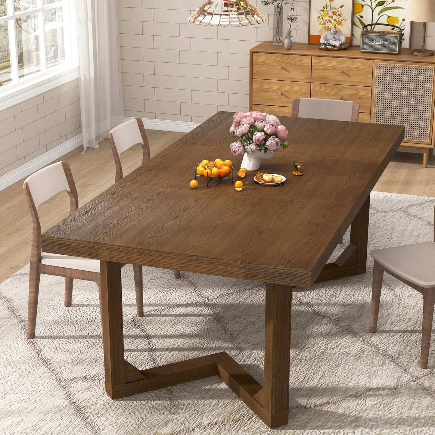 70 Inch Solid Wood Dining Table for 6-8 People, Modern Farmhouse Kitchen Table Rectangular Table for Dining Room, Home Office, Living Room