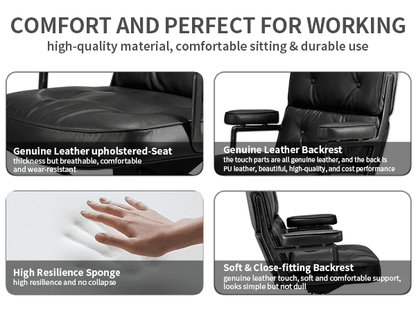 Mid Back Genuine Leather Office Chair, Adjustable Height and Liftable Swivel Computer Chair with Rolling Casters for Home Office Use, Black