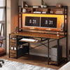 55" Computer Desk with Drawer& Power Outlet, Industrial Home Office Table Gaming Desk PC Study Workstation with Hutch& LED Lights& Adjustable Shelves,White