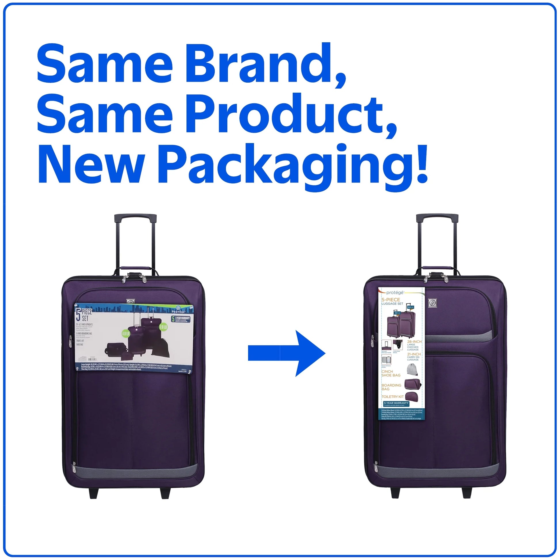 Protege 5 Piece Luggage Set, Includes Check, Carry-on Size, Tote, Toiletry Bag and Cinch Bag, Purple