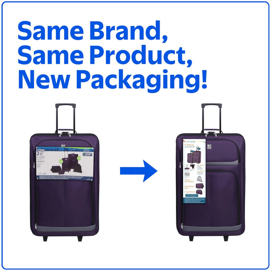 Protege 5 Piece Luggage Set, Includes Check, Carry-on Size, Tote, Toiletry Bag and Cinch Bag, Purple