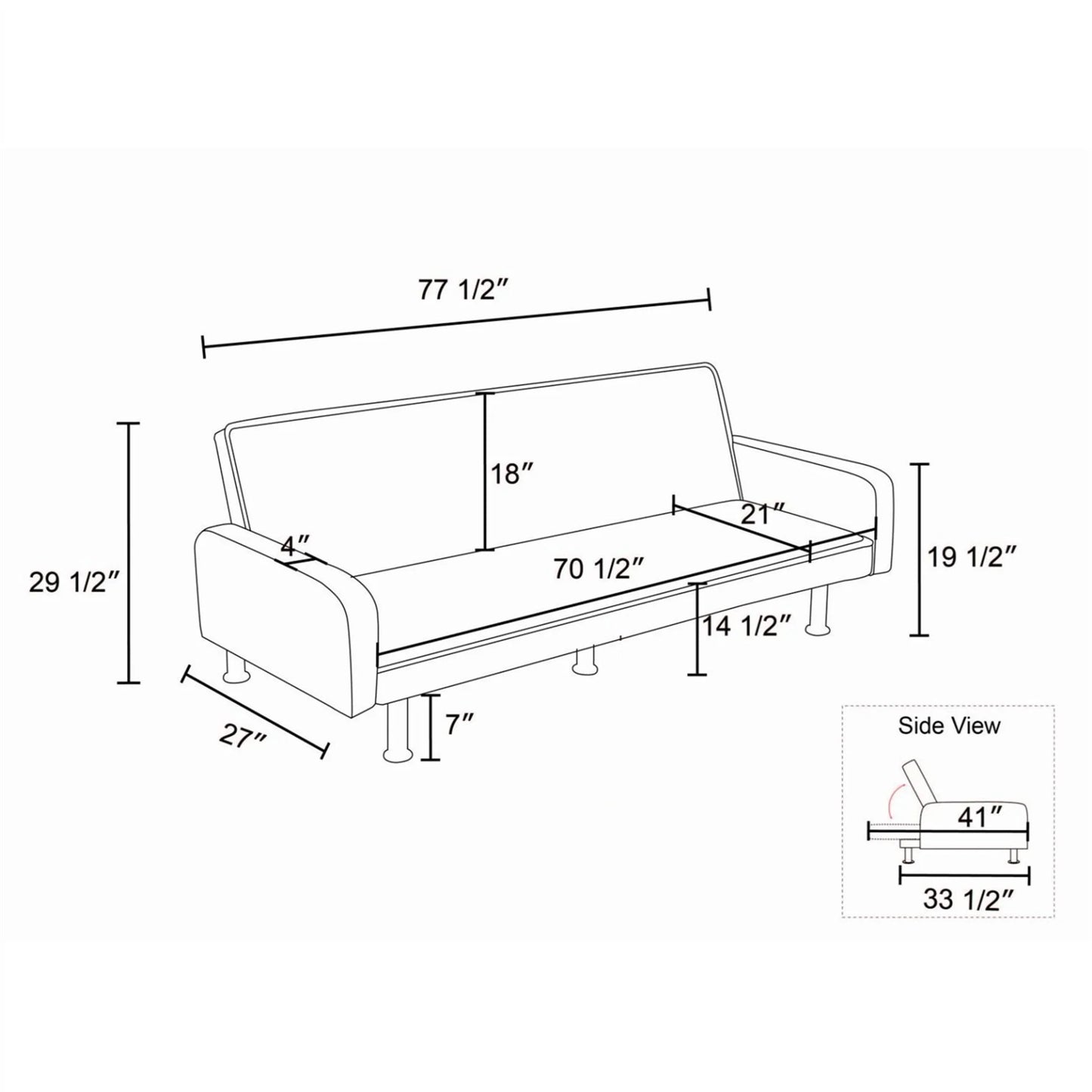 Aukfa 78" Square Arm Futon Sofa Bed Upholstered 3 Seat Couch for Home Office, Flannel, Light Gray