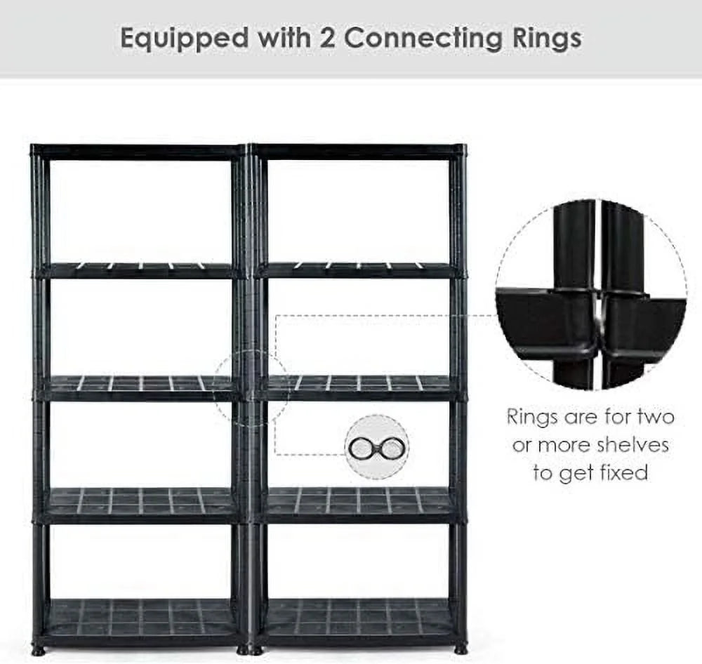 5 Tier Plastic Storage Shelves, Easy to Assemble Garage Rack, Multi-Use Free Standing Shelf Unit, Heavy Duty Shelving for Home Office, Black(2, 36° L X 18° W X 73° H)