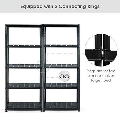 5 Tier Plastic Storage Shelves, Easy to Assemble Garage Rack, Multi-Use Free Standing Shelf Unit, Heavy Duty Shelving for Home Office, Black(2, 36° L X 18° W X 73° H)