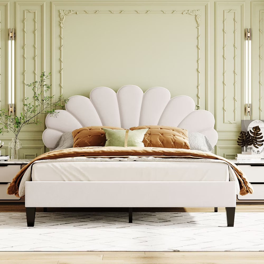 Queen Size Upholstered Platform Bed with Flower Headboard,Velvet Bed Frame for Kids Boys Girls,Beige