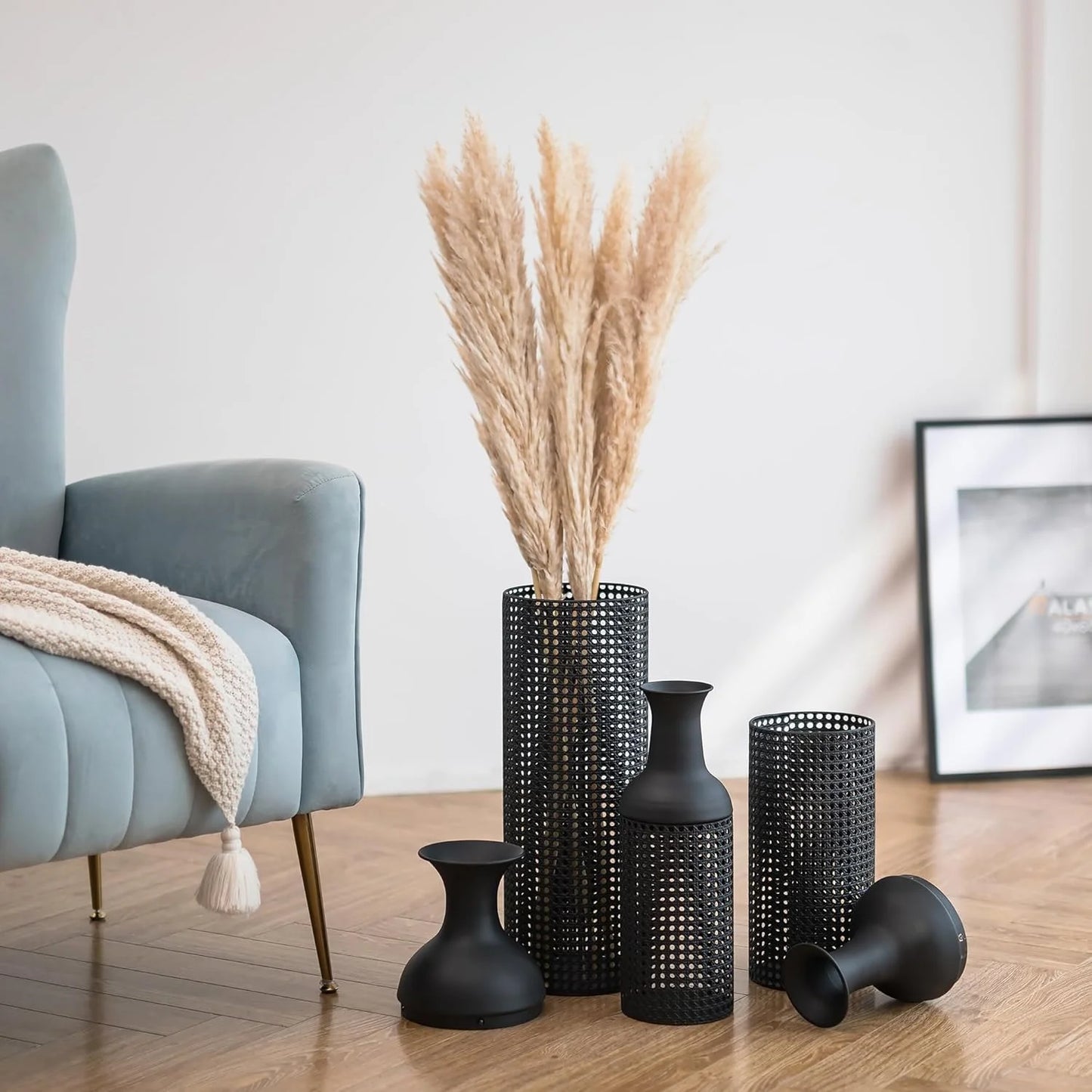 Black Large Floor Vases: Tall Vases Floor Standing for Living Room 27/20/16in - Metal Tall Floor Vase Set of 3 - Modern Oversized Floor Vase for Bedroom Kitchen Fireplace Corner