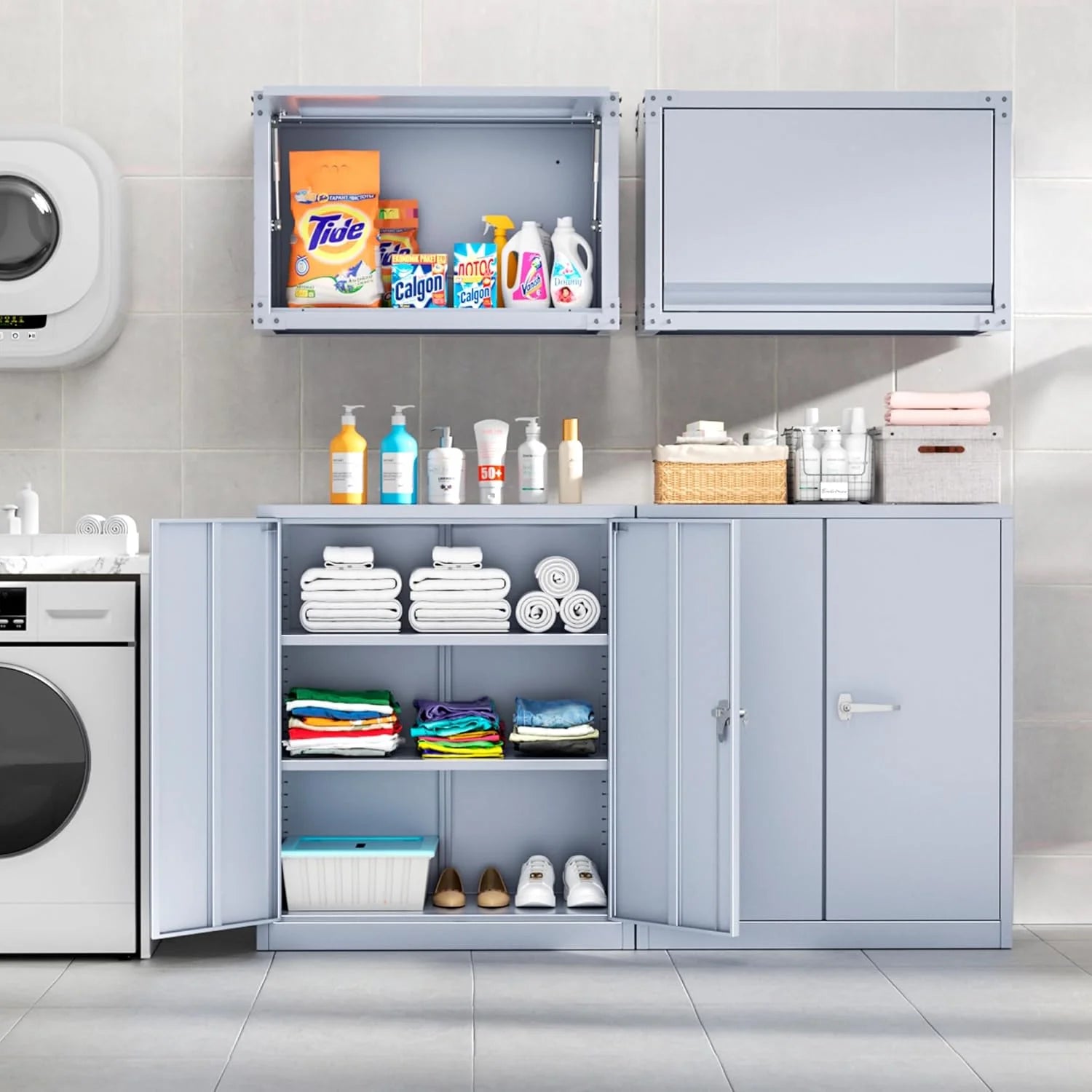 Superday Locking Metal Storage Cabinet with 2 Drawers, Lockable Garage Storage Cabinet with Locking Doors and Adjustable Shelves, Tool Cabinets for Home Office, School, Etc