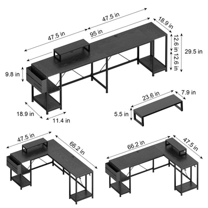 Lulive L-Shaped Computer Desk, 95" Reversible Computer Desk Office Desk with 3 Shelves/Monitor Stand/Storage Bag/Hooks for Home Office, Black
