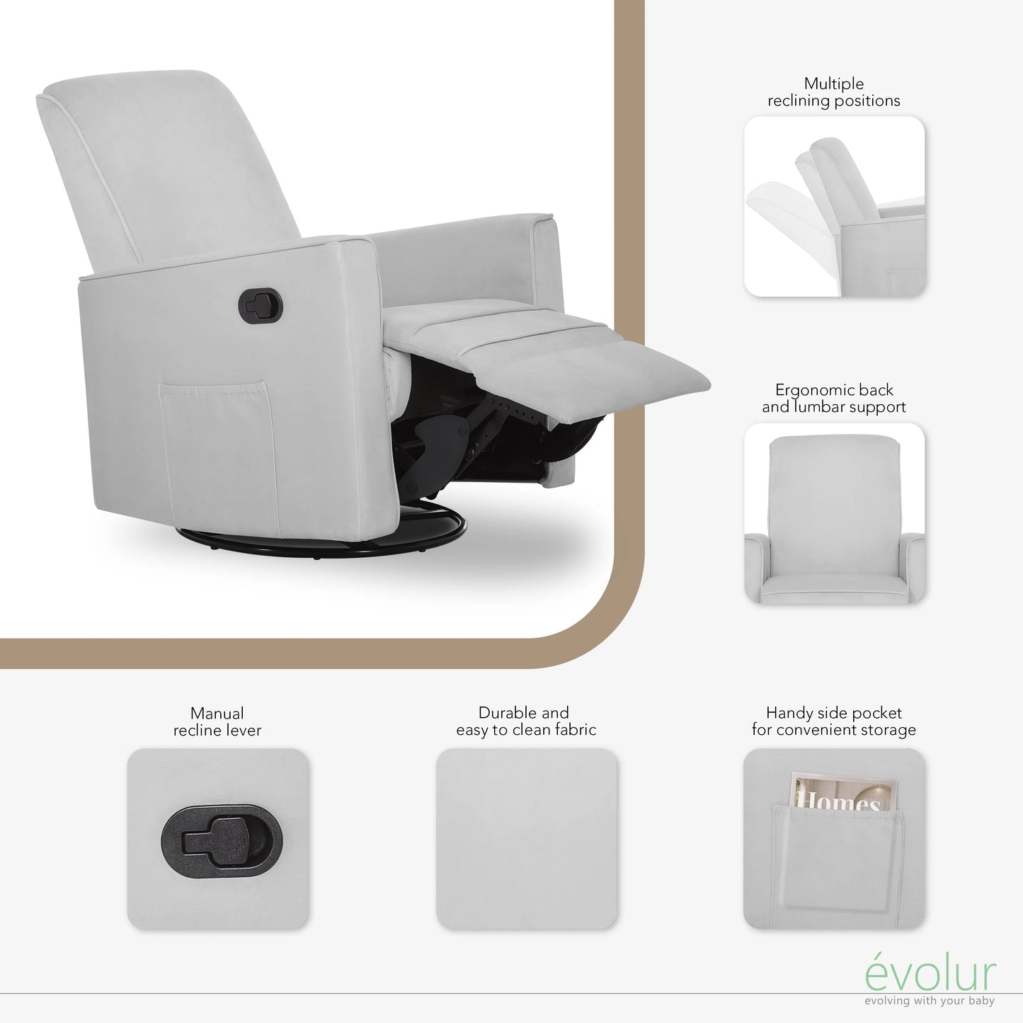Evolur Raleigh Nursery Glider Recliner and Rocking Chair in Gray, 360° Swivel Motion, Multiple Recline Positions, Easy to Clean, FSC and Greenguard Gold Certified