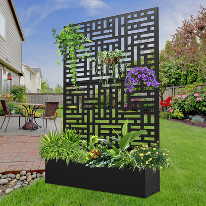 FOOWIN 71'' H Metal Planter with Trellis, Outdoor Raised Garden Bed for Climbing Plants, Trellis Planter Box with Drainage Hole, Black