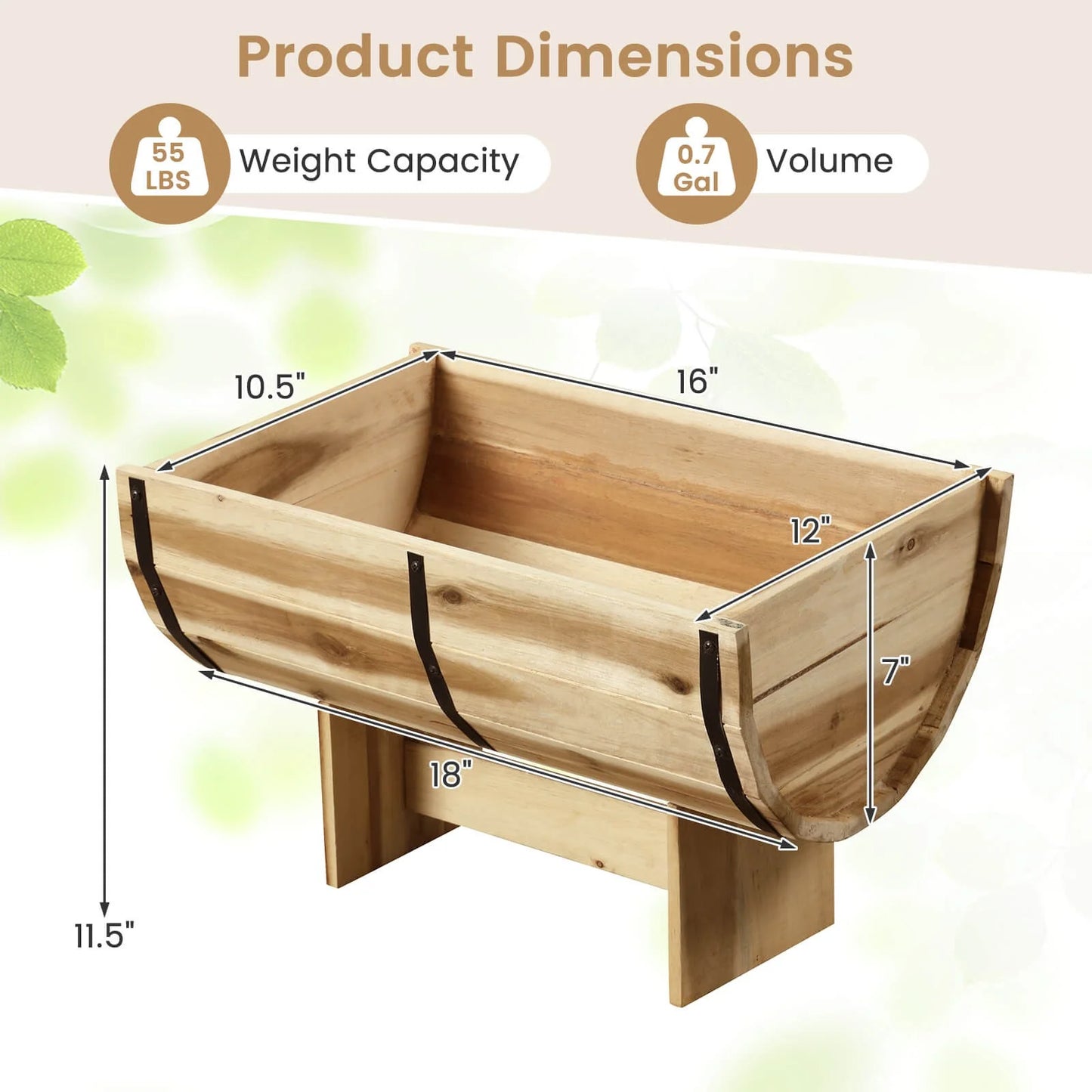 YJETYH Natural Wooden Planter Boxes, 2-Pack 18"x12"x11.5" Acacia Wood & Metal Half Whiskey Barrel Planters, 0.7 Gal Capacity for Indoor & Outdoor
