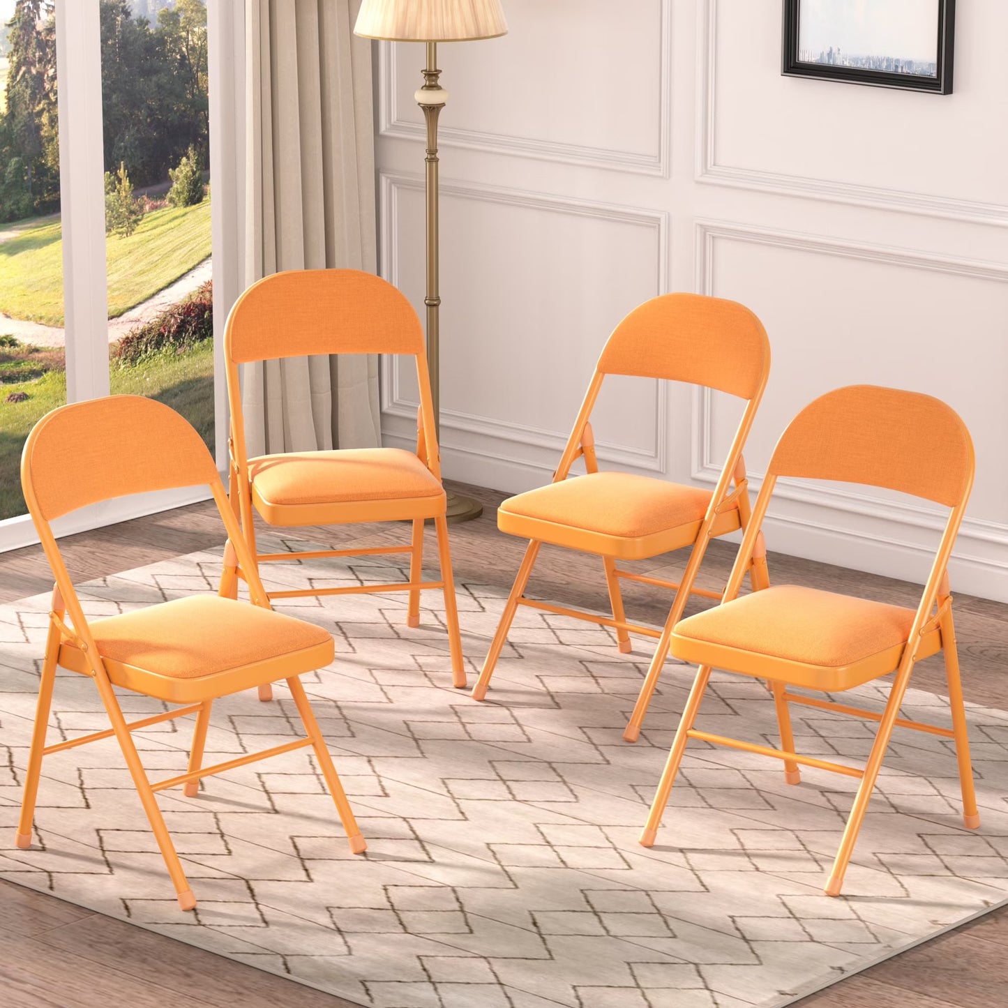 VECELO Set of 4 Folding Chairs, Fabric Dining Chair Set with Padded Cushion and Back, Indoor Outdoor Upholstered Seat with Metal Frame for Home Office Events Wedding Party, Orange