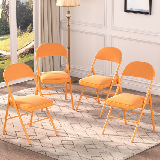 VECELO Set of 4 Folding Chairs, Fabric Dining Chair Set with Padded Cushion and Back, Indoor Outdoor Upholstered Seat with Metal Frame for Home Office Events Wedding Party, Orange