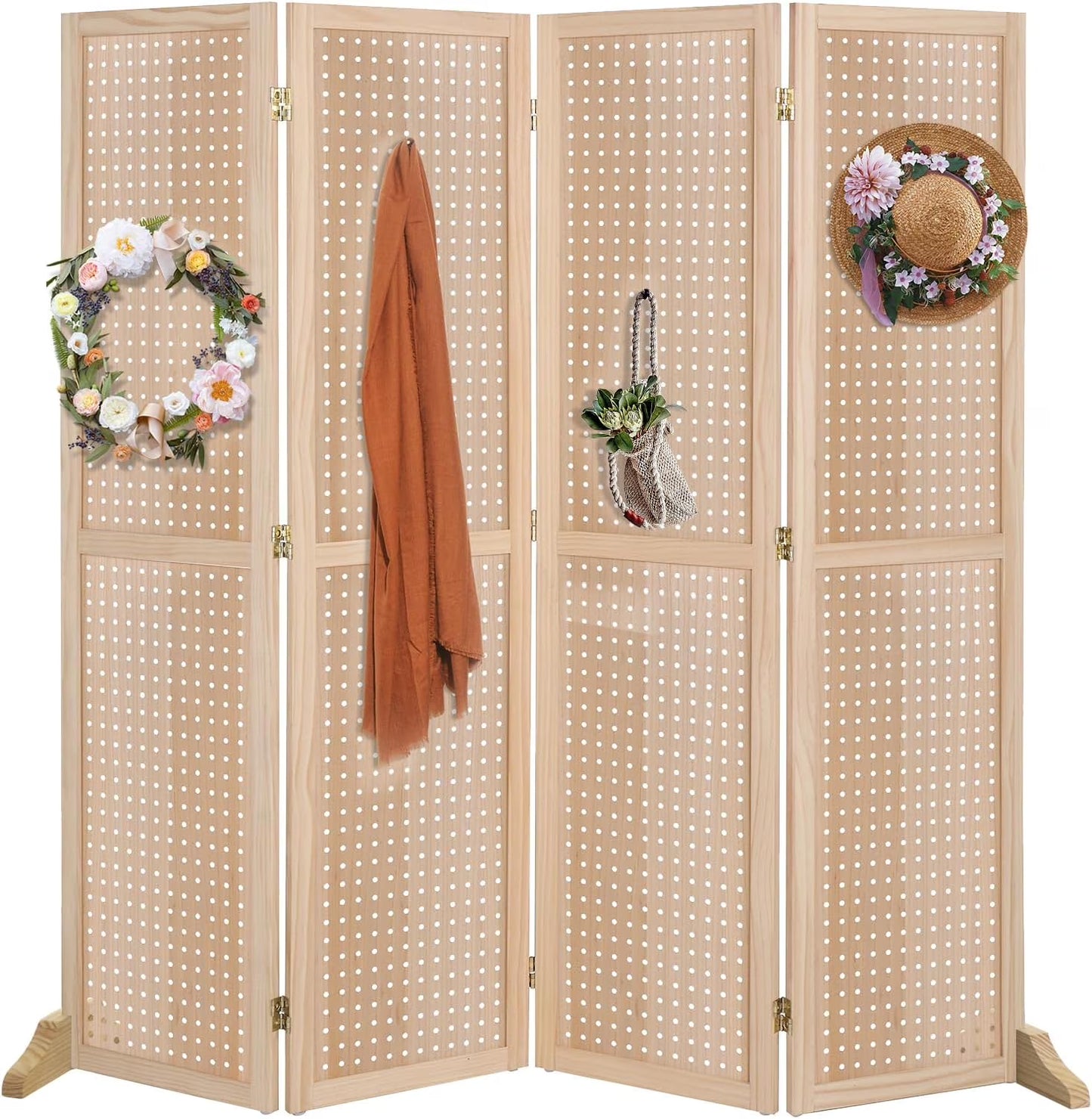 Bonnlo 4 Panel Pegboard Freestanding, 5 FT Portable Display for Craft Show Jewelry, Wooden Folding Room Divider
