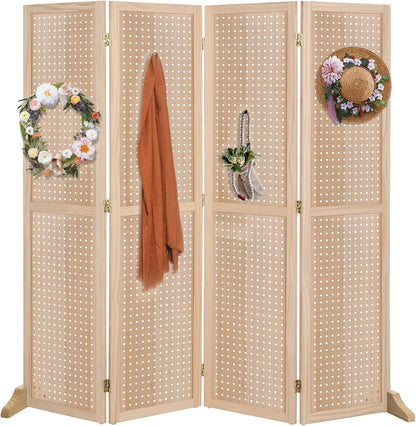 Bonnlo 4 Panel Pegboard Freestanding, 5 FT Portable Display for Craft Show Jewelry, Wooden Folding Room Divider