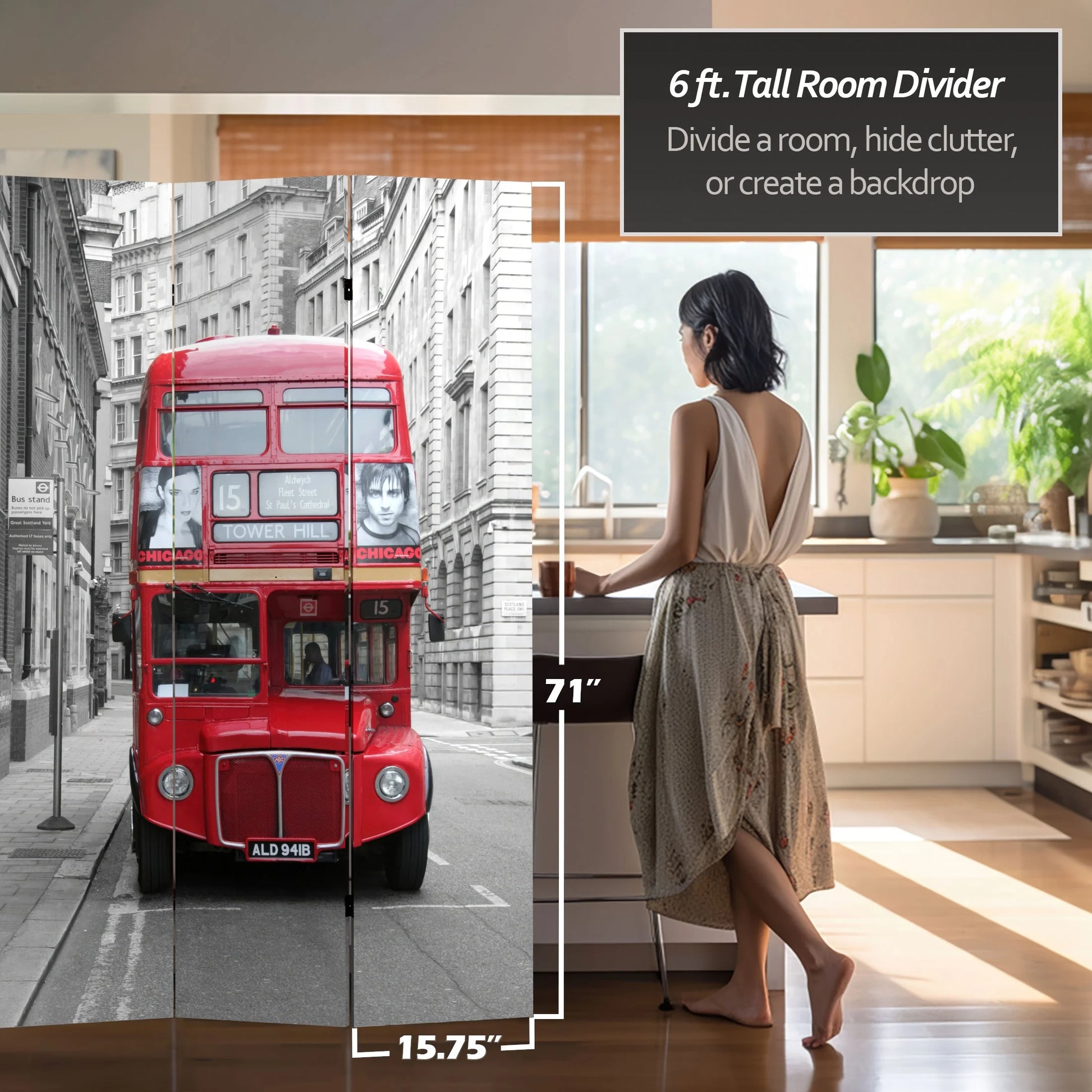 Oriental Furniture 6 Ft Tall Double Decker Bus Room Divider, 3 panel