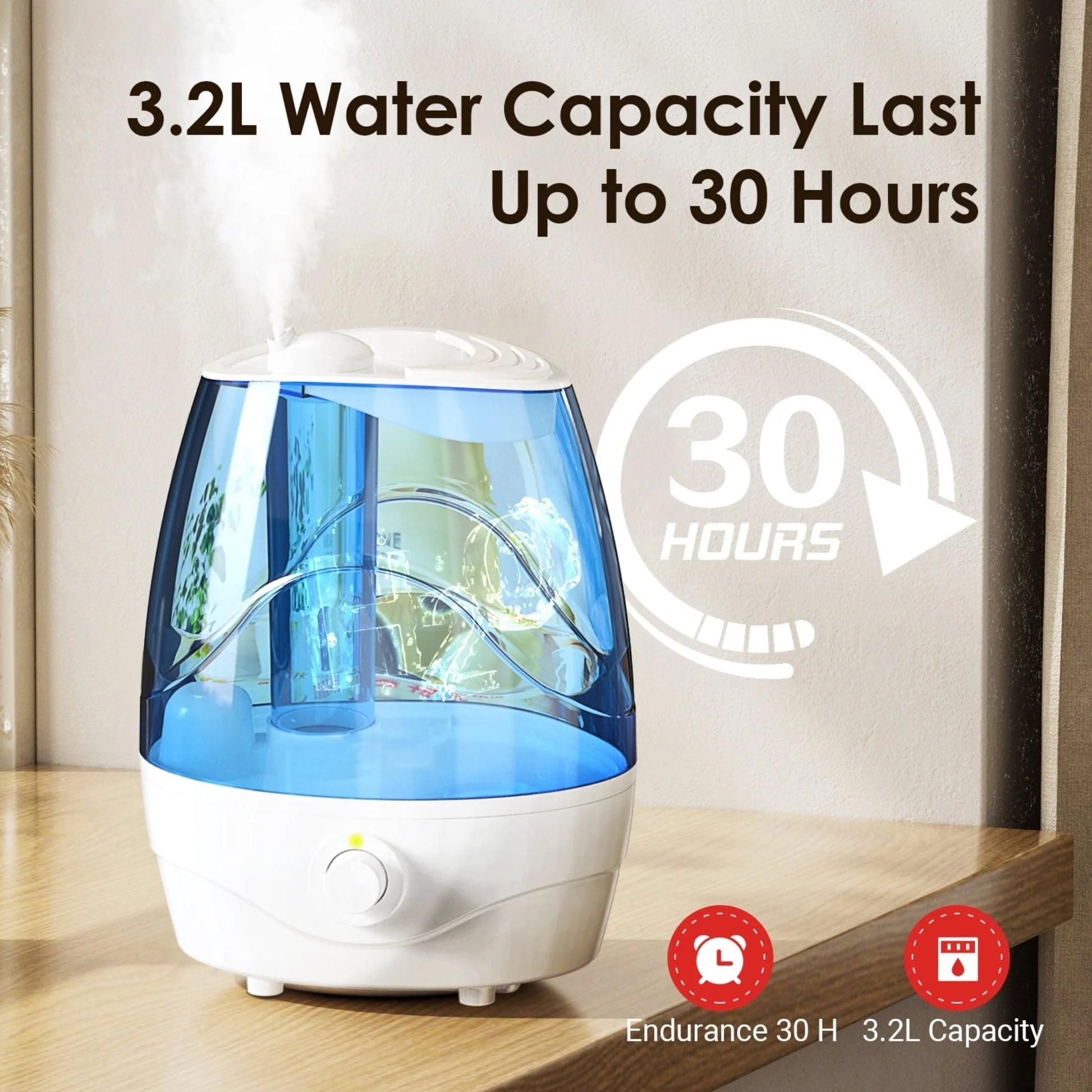 Humidifiers for Bedroom Mideum Room Home, 3.2L Cool Mist Top Fill Ultrasonic Humidifier for Baby and Plants, with Aroma Pad , Auto Shut-off, White