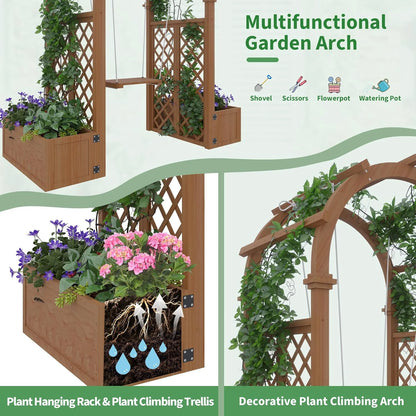 Wooden Garden Arbor with Planter& Swing,Outdoor Arbor Trellis for Climbing Plants, Roses, Vines, Outside Pergola Planter, Garden Arch for Lawn Backyard Wedding Ceremony Bridal Party