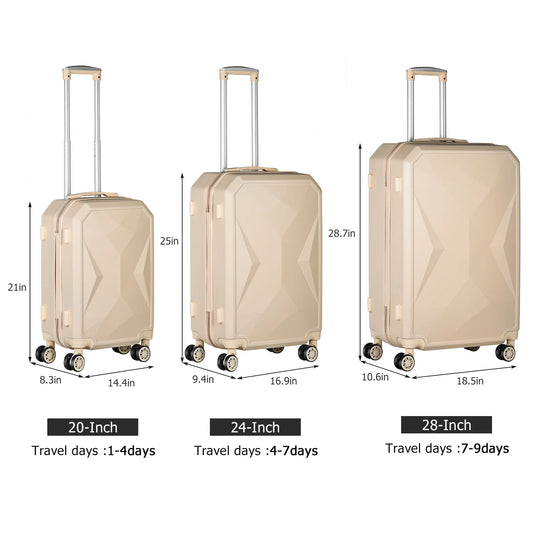 Luggage 3-Pieces set ABS Durable Suitcase Beige 20"24"28"