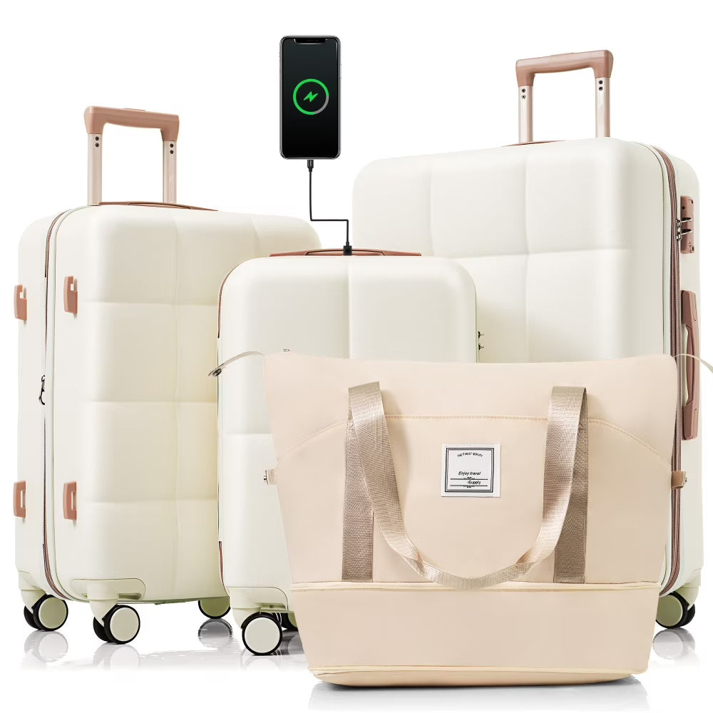 Luggage Sets 4 Piece, 20-inch with USB Port, Expandable ABS Durable Suitcase with Travel Bag