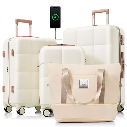 Luggage Sets 4 Piece, 20-inch with USB Port, Expandable ABS Durable Suitcase with Travel Bag
