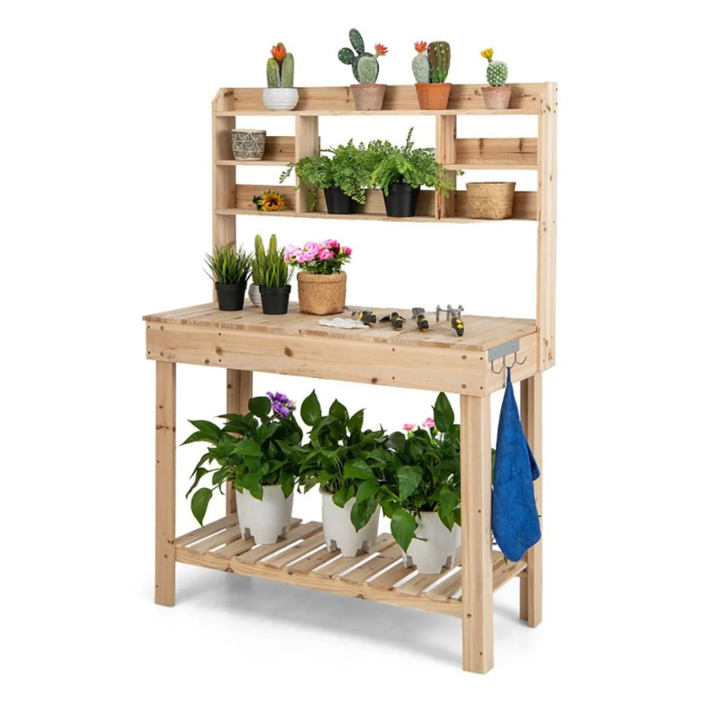 Garden Potting Bench Table with Display Rack & Sink - Outdoor Workstation for Plants, Tools & Gardening - Fir Wood - 43.5" x 19.5" x 60.5"