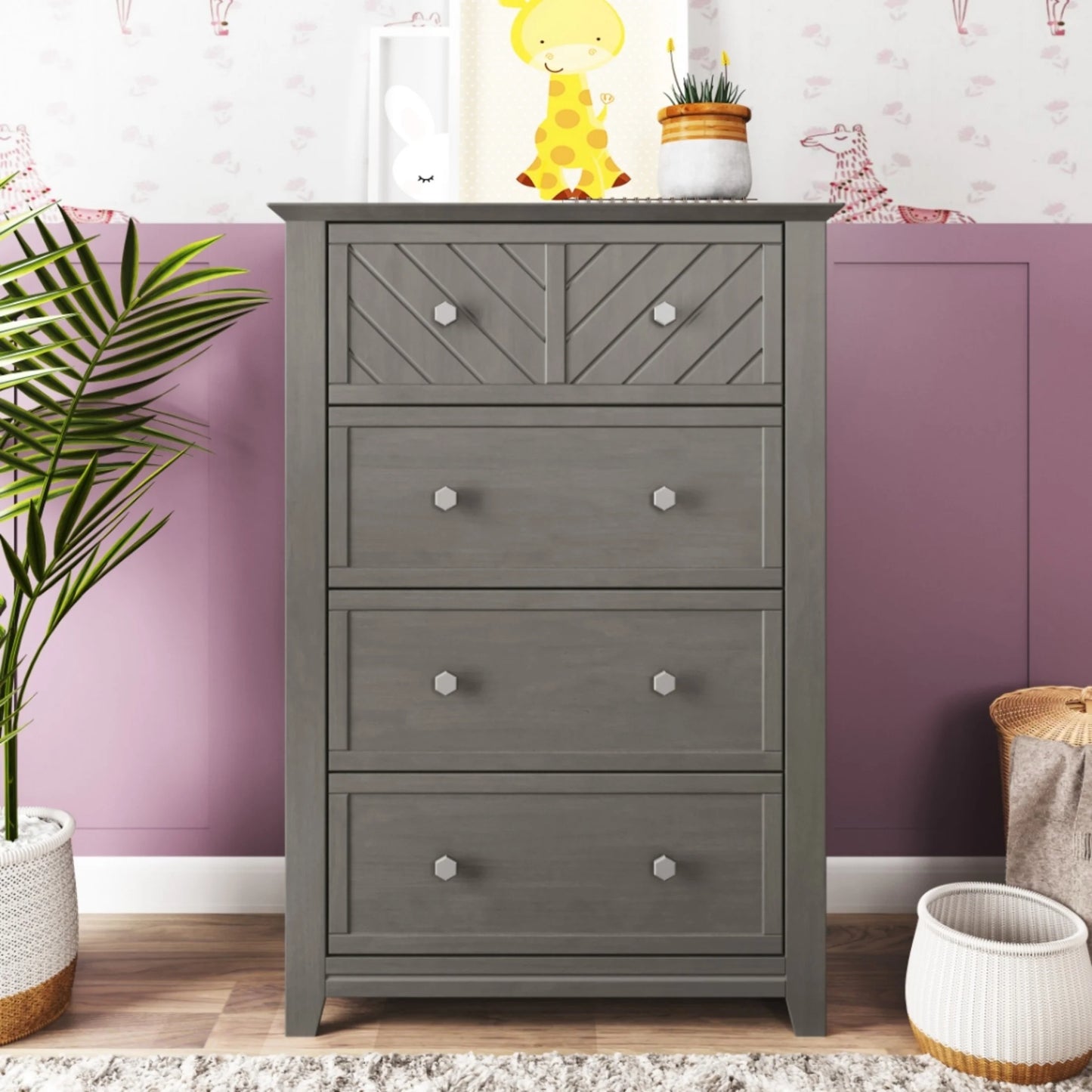 Child Craft Atwood 42" Interlocking 4-Drawer Chest for Nursery or Bedroom, Chevron Design, Anti-Tip Kit, Lunar Gray