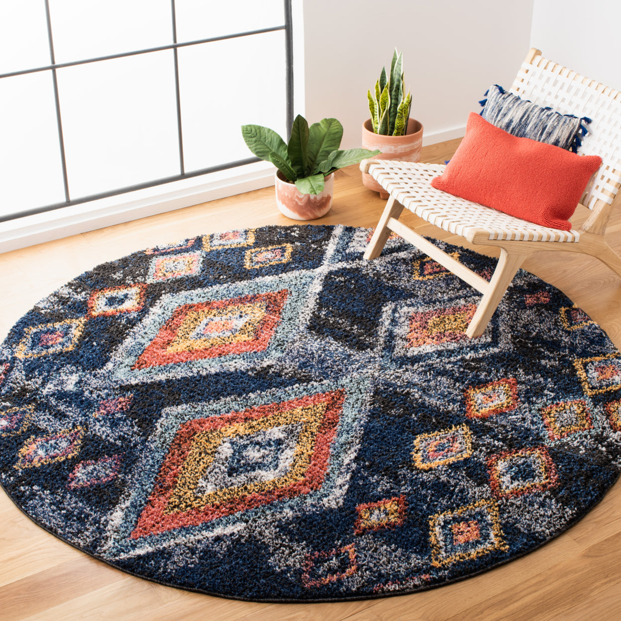SAFAVIEH Morocco Sloan Abstract Geometric Polyester Area Rug, Navy/Multi, 6'7" x 6'7" Square