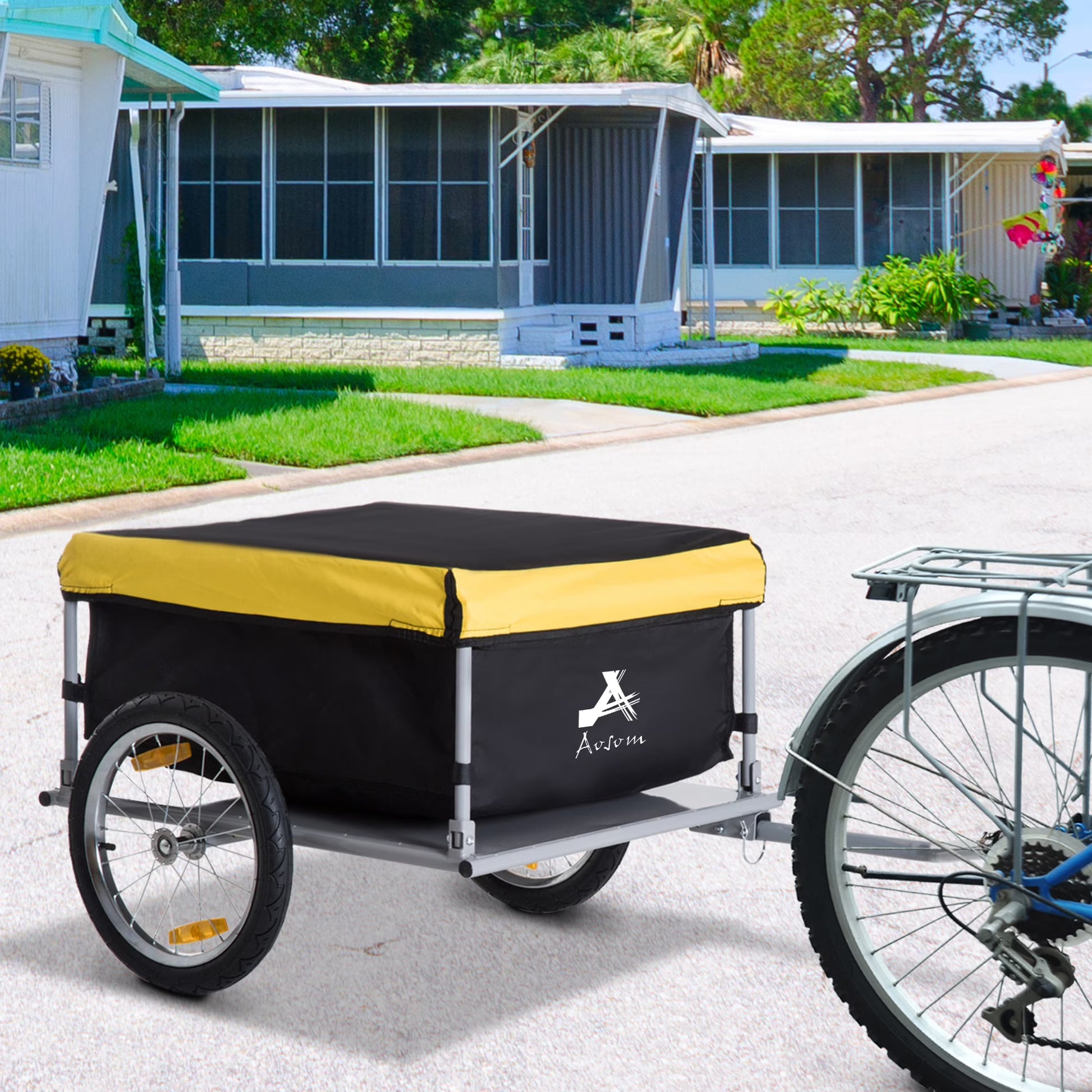 Aosom Bicycle Cargo Trailer, Two-Wheel Bike Luggage Wagon Bicycle Trailer with Removable Cover, Yellow